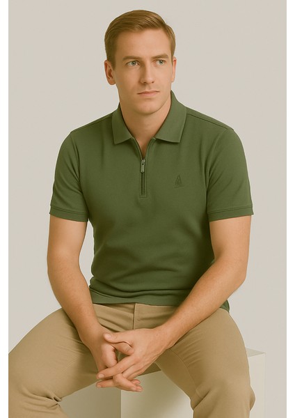 Erkek Kısakol Polo Yaka Fermuarlı Tshirt Haki