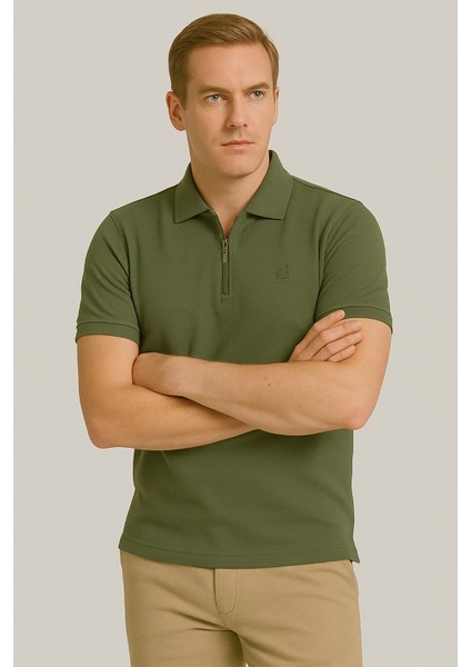 Erkek Kısakol Polo Yaka Fermuarlı Tshirt Haki