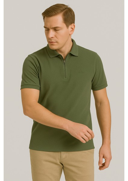 Erkek Kısakol Polo Yaka Fermuarlı Tshirt Haki