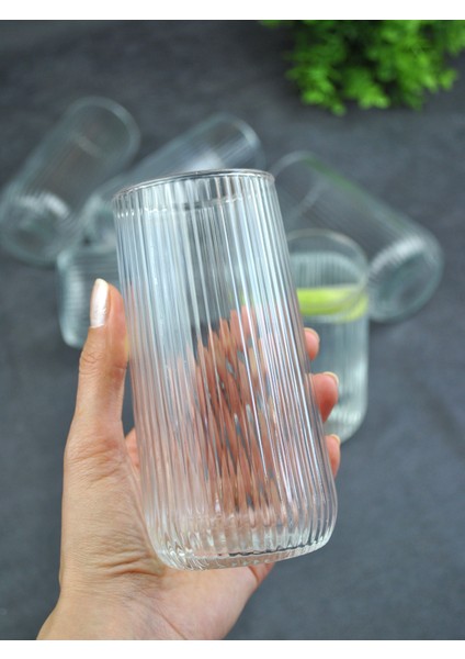6'lı Cam Meşrubat Bardağı Uzun Çizgili Su Bardak 350 ml