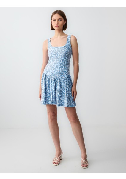 Mavi Rahat Kesim Kare Yaka Kolsuz Çiçek Desenli Örme Mini Elbise fiyatları