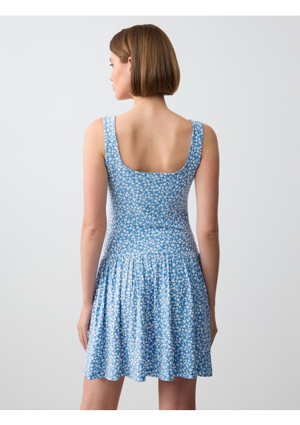 Mavi Rahat Kesim Kare Yaka Kolsuz Çiçek Desenli Örme Mini Elbise indirimleri