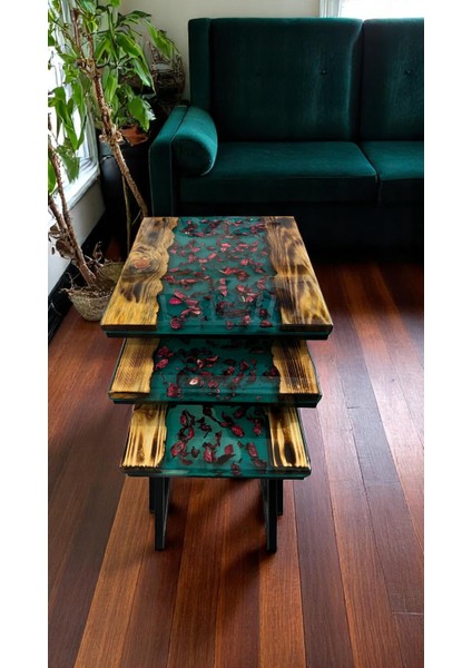 Epoksi Zigon Sehpa 3'lü Set - Gül Desen
