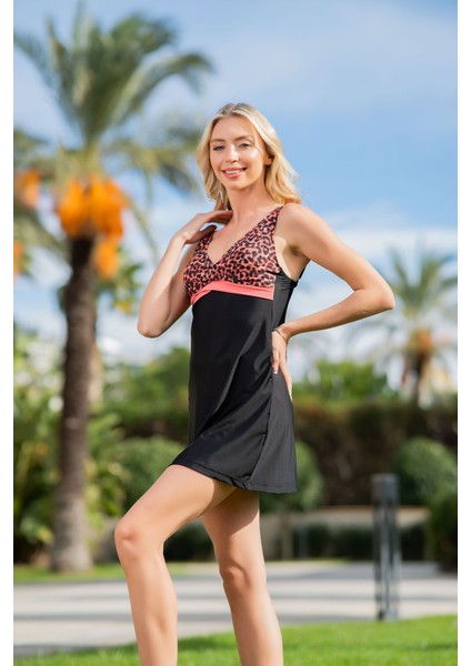 Rukomayo Siyah Kırmızı Leopar Desenli Dönmeli Model Şortlu Lycra Kumaş Elbise Mayo