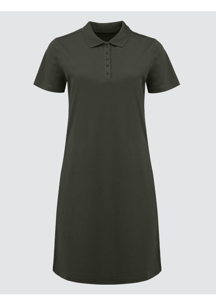 Haki Düz Kesim Gömlek Yaka Kısa Kollu Mini Örme Elbise