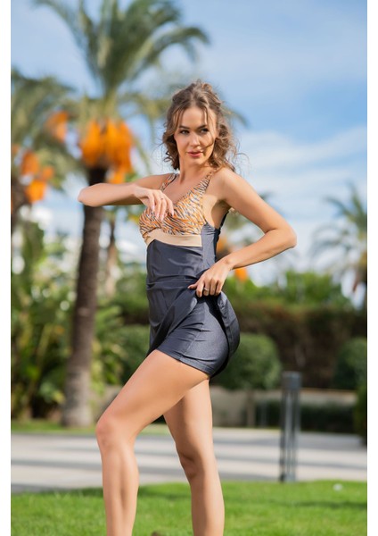 Rukomayo Gri Desenli Dönmeli Model Şortlu Lycra Kumaş Elbise Mayo modelleri