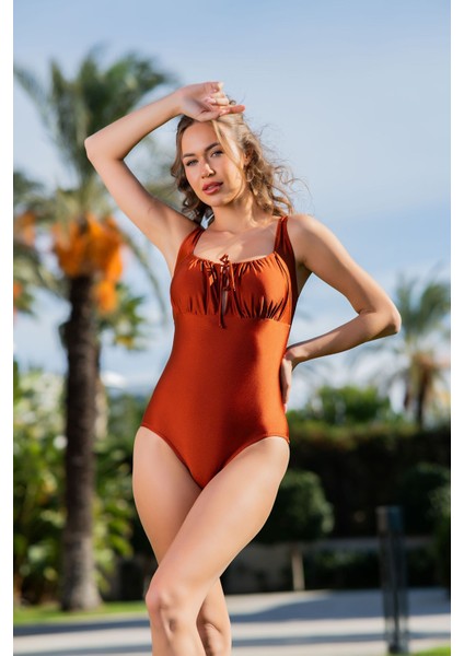 Rukomayo Taba Renk Kare Yaka Bağcıklı Model Lycra Kumaş Mayo