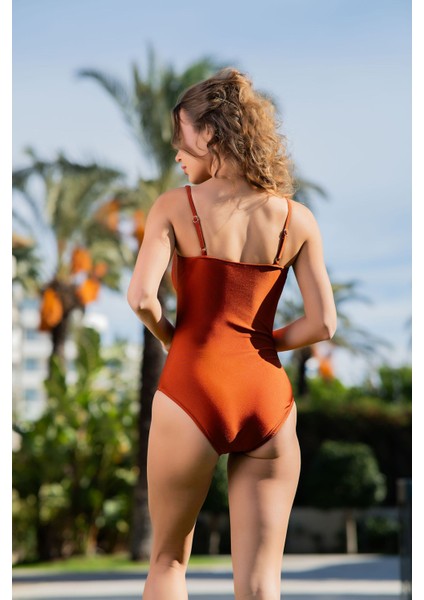 Rukomayo Taba Renk Kare Yaka Bağcıklı Model Lycra Kumaş Mayo fiyatları