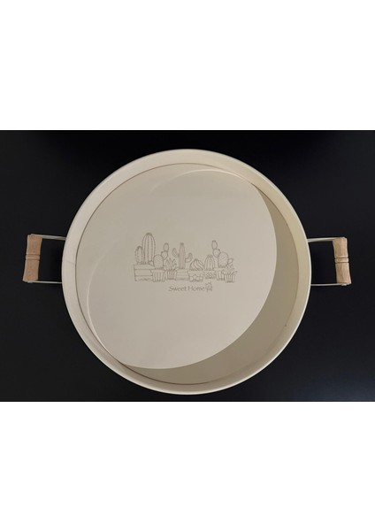 Beyaz Ahşap Kulplu Tepsi 37 cm
