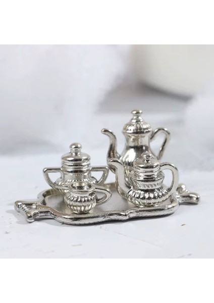 Minyatür Metal Çaydanlık Demlik Fincan Tepsi Set Gümüş Renk Bebek Evi Çocuk Oyuncakları Için indirimleri