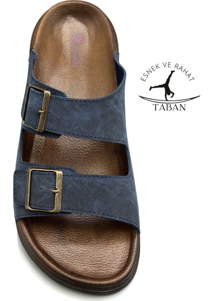 Çift Toka Ayarlanabilir Genişlik Esnek Rahat Deri Erkek Terlik 25103 Lacivert