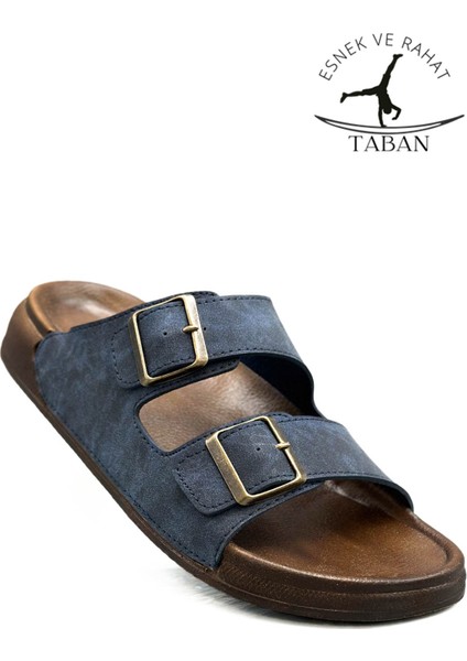 Çift Toka Ayarlanabilir Genişlik Esnek Rahat Deri Erkek Terlik 25103 Lacivert modelleri
