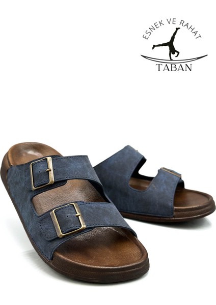Çift Toka Ayarlanabilir Genişlik Esnek Rahat Deri Erkek Terlik 25103 Lacivert fırsatları