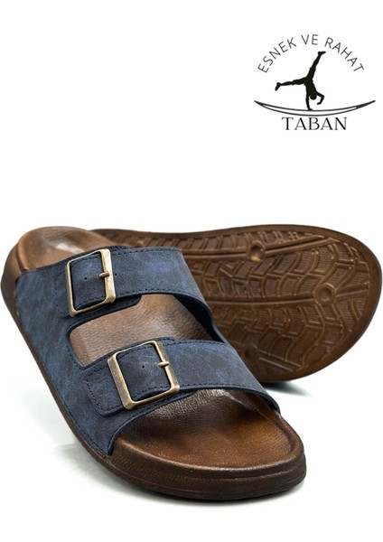 Çift Toka Ayarlanabilir Genişlik Esnek Rahat Deri Erkek Terlik 25103 Lacivert indirimleri