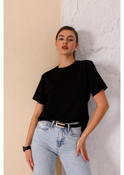 Kadın Siyah Bisiklet Yaka Basic T-Shirt - 168