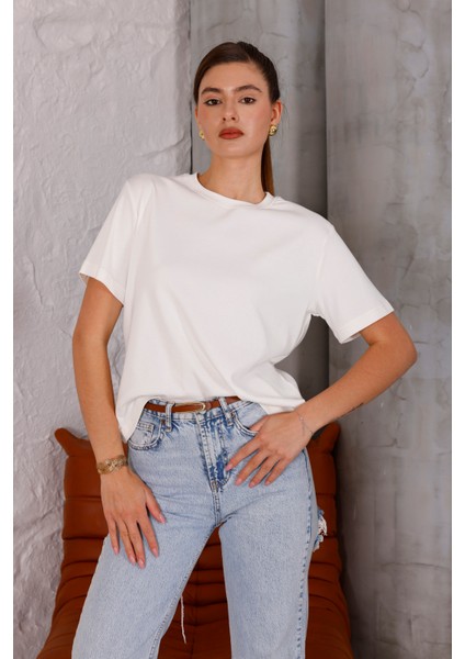 Kadın Ekru Bisiklet Yaka Basic T-Shirt - 168