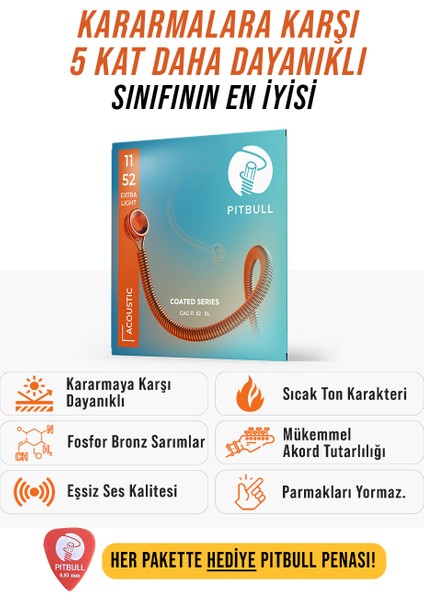 Coated Seri Akustik Gitar Teli Cag 11-52 El
