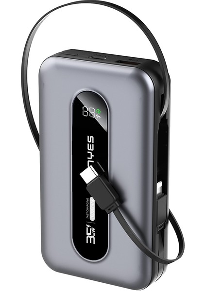 PX1002D Dijital Göstergeli Teleskopik Type-C ve Lightning Kablolu Powerbank 35W 10.000MAH Gri