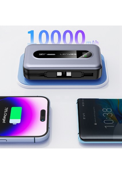 PX1002D Dijital Göstergeli Teleskopik Type-C ve Lightning Kablolu Powerbank 35W 10.000MAH Gri