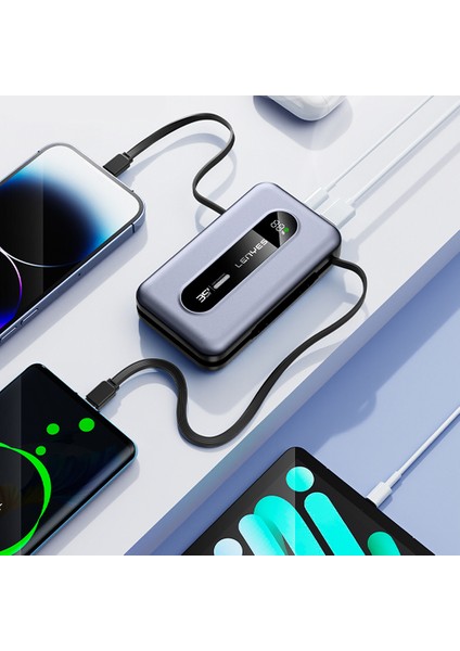 PX1002D Dijital Göstergeli Teleskopik Type-C ve Lightning Kablolu Powerbank 35W 10.000MAH Gri