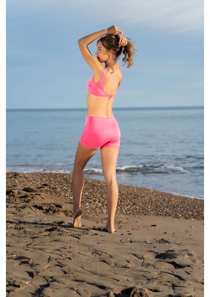 Rukomayo Pembe Renk Beyaz Biyeli Şortlu Freeset Lycra Kumaş Bikini fiyatları