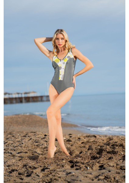 Rukomayo Gri Desenli Fermuarlı Omuzdan Askılı Freeset Model Lycra Kumaş Mayo