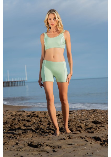 Rukomayo Yeşil Renk Beyaz Biyeli Şortlu Freeset Lycra Kumaş Bikini