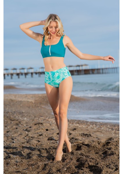 Rukomayo Yeşil Desenli Fermuarlı Omuzdan Askılı Freeset Yüksek Bel Lycra Kumaş Bikini