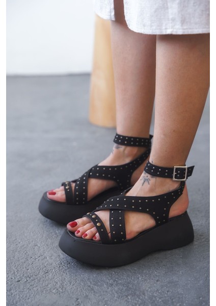 Kadın Köln Troklu Kalın Tabanlı Sandalet - Siyah Süet