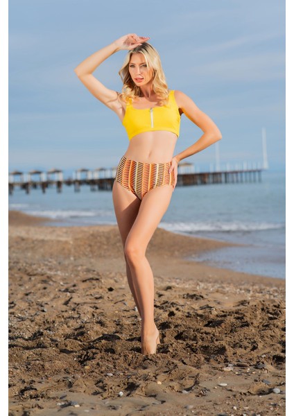 Rukomayo Sarı Desenli Fermuarlı Omuzdan Askılı Freeset Yüksek Bel Lycra Kumaş Bikini