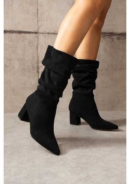 Lasmina Kadın Bot Kalın Topuklu Körüklü Siyah Süet