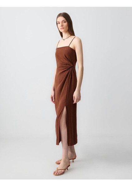 Acı Kahve Düz Kesim Düz Yaka Keten Elbise