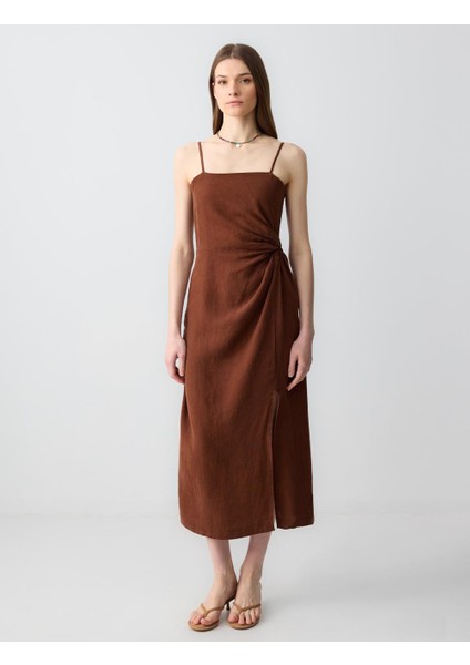 Acı Kahve Düz Kesim Düz Yaka Keten Elbise fiyatları