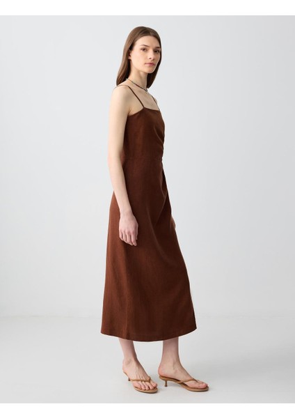 Acı Kahve Düz Kesim Düz Yaka Keten Elbise modelleri