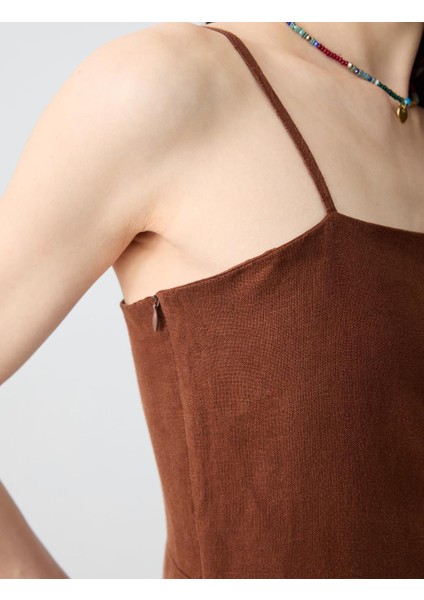 Acı Kahve Düz Kesim Düz Yaka Keten Elbise fırsatları