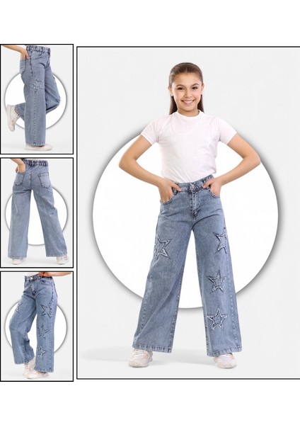 % 100 Pamuk-Taş Yıkamalı-Yıldız Nakış Detaylı-Kız Çocuk Kot Palazzo