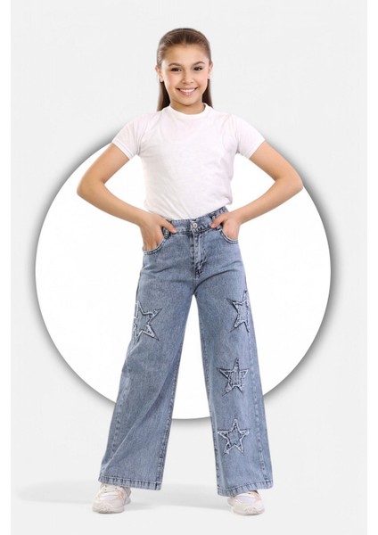 % 100 Pamuk-Taş Yıkamalı-Yıldız Nakış Detaylı-Kız Çocuk Kot Palazzo fiyatları