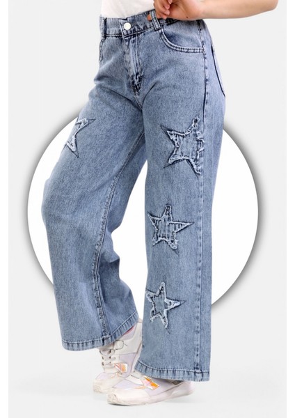 % 100 Pamuk-Taş Yıkamalı-Yıldız Nakış Detaylı-Kız Çocuk Kot Palazzo modelleri