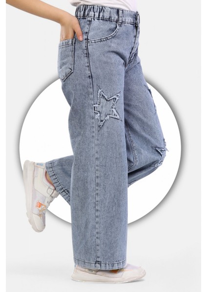 % 100 Pamuk-Taş Yıkamalı-Yıldız Nakış Detaylı-Kız Çocuk Kot Palazzo fırsatları