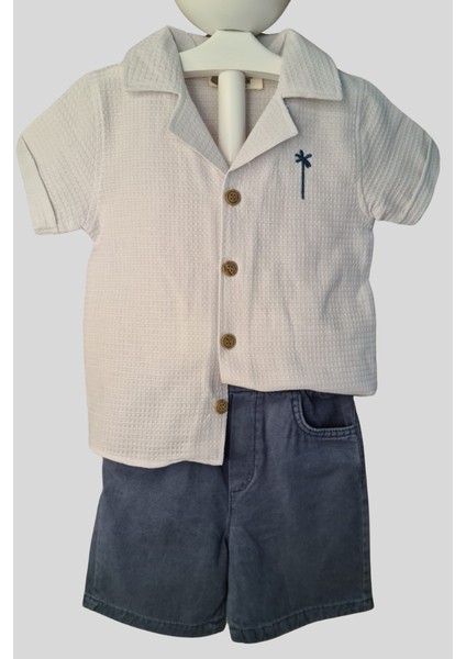 2'li Erkek Çocuk Krem Gömlek Mavi Sortlu Takım
