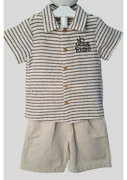 2'li Erkek Çocuk Kahve Çizgili Desenli Gömlek Bej Sortlu Keten Takım