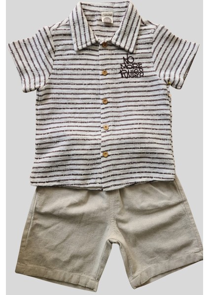 2'li Erkek Çocuk Kahve Çizgili Desenli Gömlek Bej Sortlu Keten Takım fiyatları