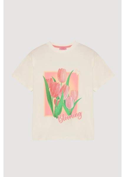 Lale Çiçek Baskılı Ekru Kadın T-Shirt TSH00421
