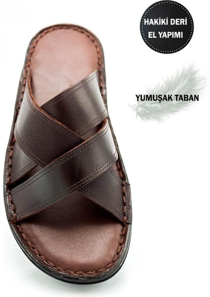 Hakiki Gerçek Deri Erkek Terlik Hafif Terlik Deri Çapraz Kahve