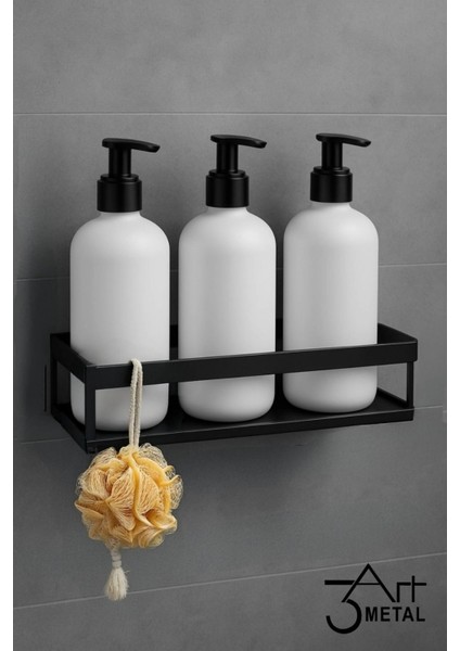 Duvar Tipi Banyo Şampuanlık Metal Siyah Raflı Sabunluk Organizer & Sünger Askısı