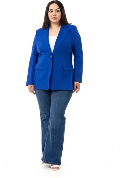 Büyük Beden Tek Düğmeli Süs Cep Kapaklı Vatkalı Astarsız Saks Mavi Ceket