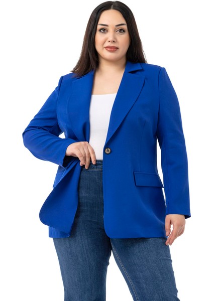 Büyük Beden Tek Düğmeli Süs Cep Kapaklı Vatkalı Astarsız Saks Mavi Ceket fiyatları
