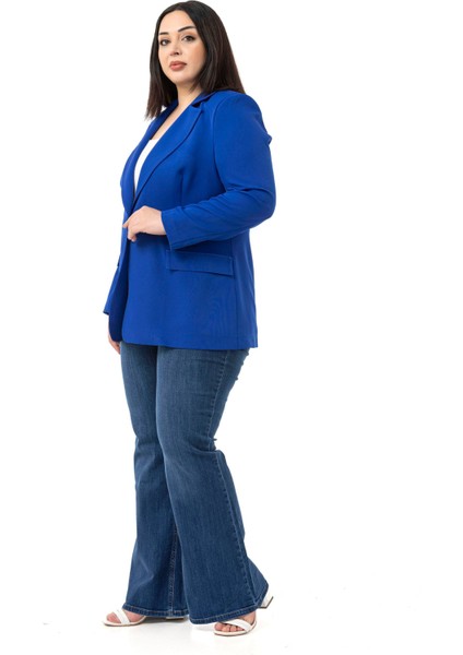 Büyük Beden Tek Düğmeli Süs Cep Kapaklı Vatkalı Astarsız Saks Mavi Ceket fırsatları