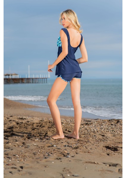 Rukomayo Lacivert Beyaz Desenli V Yaka Omuzdan Askılı Lycra Kumaş Şortlu Tankini fiyatları