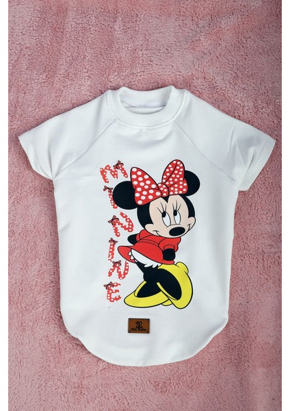 Beyaz Ince Yazlık Minnie Mouse Baskılı Kollu Tişört Kedi Köpek Kıyafeti